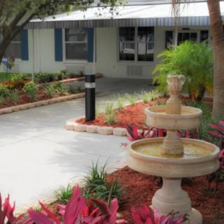 A front yard garden featuring a central fountain surrounded by vibrant plants and a pathway leading to the house.