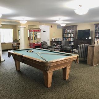 A cozy game room featuring a pool table, bookshelves, and a seating area with a television.