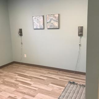 A minimalist interior room featuring light green walls, wooden flooring, and two wall-mounted speakers.