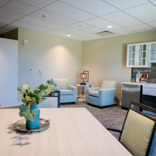 A cozy and modern seating area featuring light blue chairs, a wooden table, and a decorative plant.
