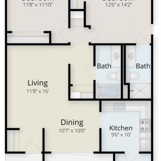 A floor plan showing a two-bedroom apartment layout with living room, kitchen, dining area, and bathrooms.