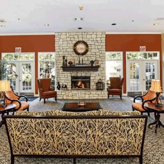 A cozy living room with a central stone fireplace and elegant furniture arrangement.