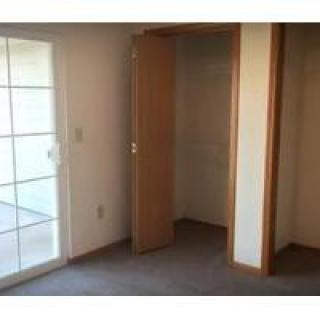 A room interior with a closet, sliding glass door, and carpeted floor.