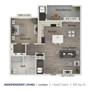 This image depicts a floor plan of an independent living apartment with one bedroom, one bathroom, a kitchen, and a living/dining area, along with a patio balcony.