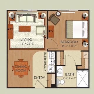A one-bedroom apartment floor plan featuring a living room, dining area, bathroom, and closet.