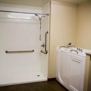 An accessible bathroom featuring a walk-in tub and a spacious shower with grab bars.