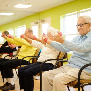 A group of seniors participating in a seated exercise class, lifting small hand weights in a brightly lit room.
