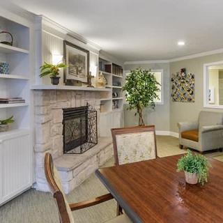 A cozy living and dining area featuring a fireplace, wooden dining table, armchair, and decorative plants.