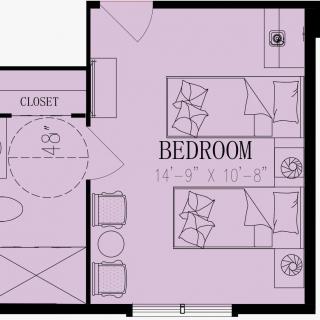 A floor plan of a bedroom with two beds and a closet.