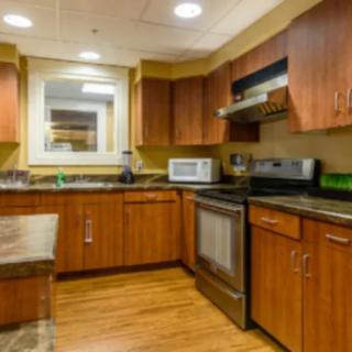 A modern kitchen featuring wooden cabinets, stainless steel appliances, and a granite countertop.