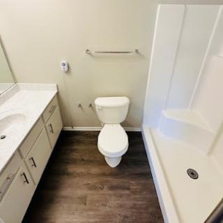 A modern bathroom featuring a toilet, shower, and sink with a wooden floor.