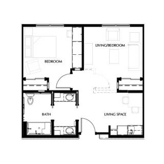 A simple floor plan of an apartment showing bedroom, living room, kitchen, and bathroom.