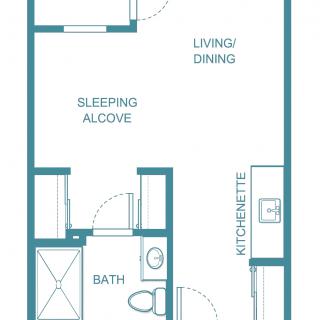 Studio apartment floor plan featuring a sleeping alcove, living/dining area, kitchenette, and bathroom.