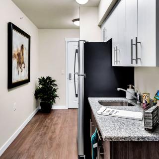A modern kitchen with granite countertops, white cabinets, and wooden flooring, featuring a piece of wall art and stainless steel appliances.