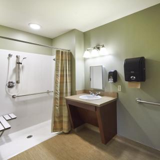 A modern, accessible bathroom featuring a walk-in shower with grab bars and a sink with ample counter space.