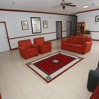 A spacious living room with red furniture and a patterned rug.