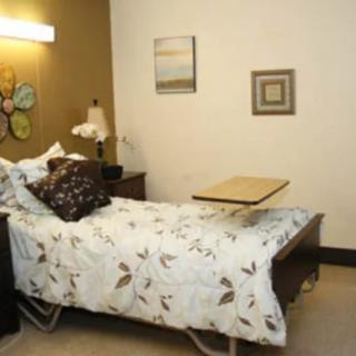 A cozy bedroom with a hospital bed and decorative elements.