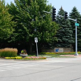 A summer view of a tree-lined intersection with traffic lights and well-maintained landscaping.