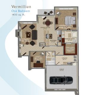 Floor plan of a Vermillion Oak Rancher residence, featuring rooms and garage layout.