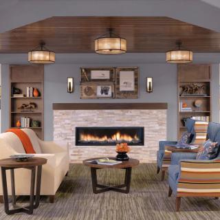 A cozy living room with a modern fireplace, stylish furniture, and elegant lighting.