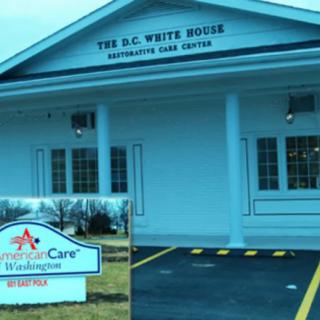 A healthcare facility named 'The D.C. White House Nursing Home and Rehabilitation Care Center' with an exterior view and a nearby sign for a care service in Washington.