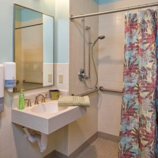 Accessible bathroom with a shower, sink, and colorful curtain.