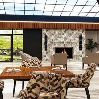 A modern interior lobby featuring stylish furniture, a cozy fireplace, and large windows that invite natural light.