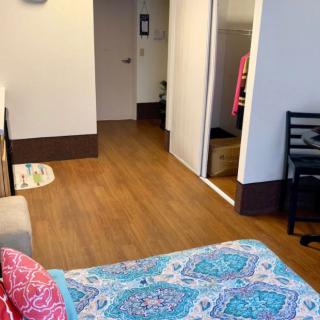 A cozy bedroom with a bed, chair, and an open closet.