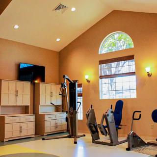 A well-equipped gym with exercise machines and a modern interior design.