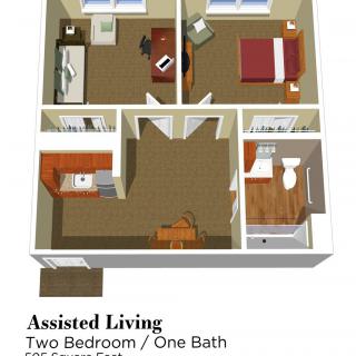 A floor plan of an assisted living two-bedroom, one-bath apartment.