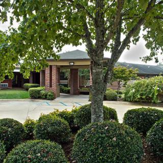 A well-manicured outdoor entrance surrounded by greenery and bushes, with a view of mountains in the background.