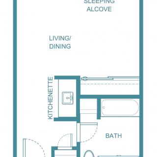 Studio apartment floor plan with a sleeping alcove, living/dining area, kitchenette, and bathroom.