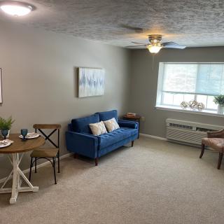 A cozy living room with a blue sofa, small table, and a window letting in natural light.
