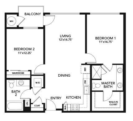 A floor plan featuring two bedrooms, a living room, kitchen, dining area, and balcony.