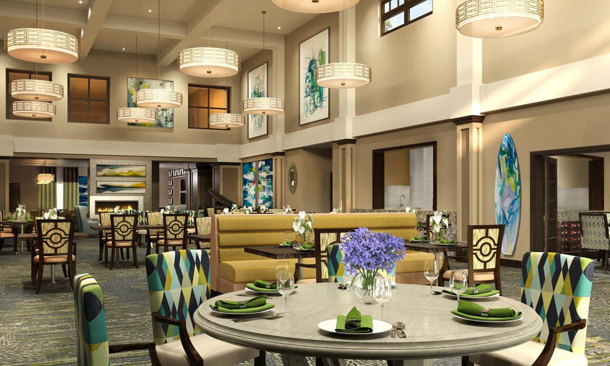 A stylish restaurant interior with modern decor and elegant table settings.