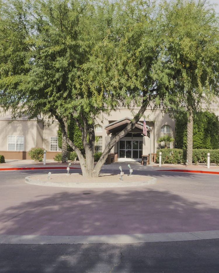 A building entrance surrounded by trees and landscaping.