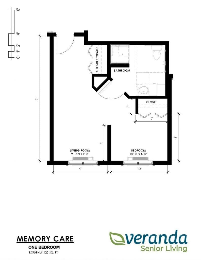 A blueprint of a small apartment layout featuring distinct areas for living space, kitchen, and bathroom.