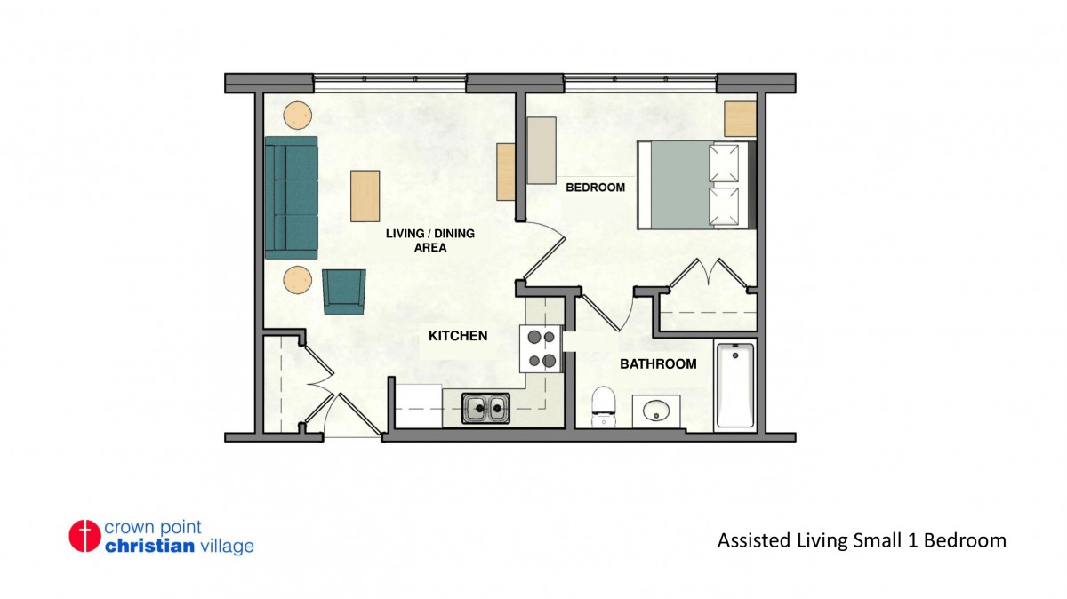 A floor plan for an assisted living apartment featuring a living/dining area, kitchen, bedroom, and bathroom.