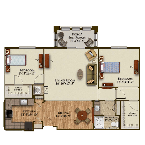 A detailed floor plan of a two-bedroom apartment featuring a living room, kitchen, bathroom, and balcony.
