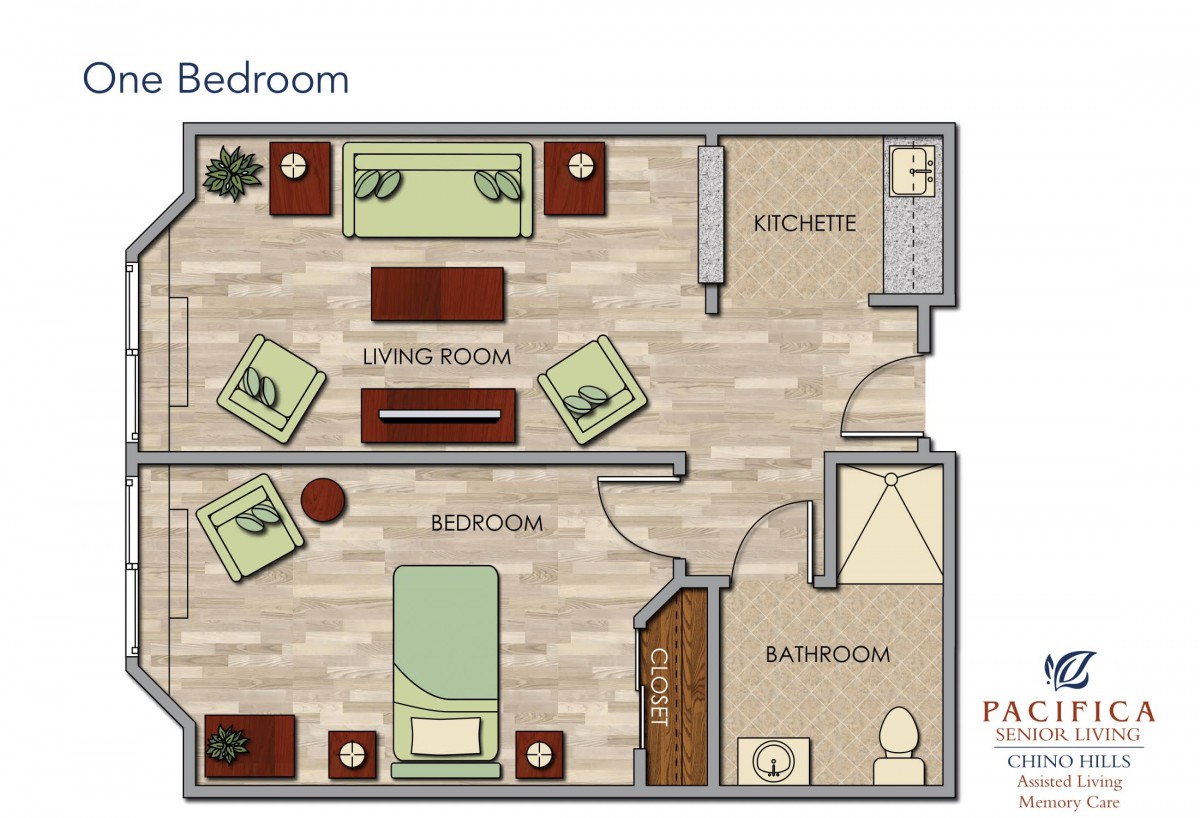 A floor plan of a one-bedroom apartment featuring a living room, kitchen, and bathroom.