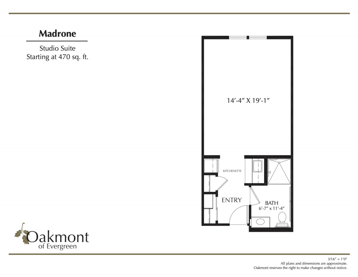 Floor plan of a studio suite labeled as 'Madrone', measuring 370 sq. ft.