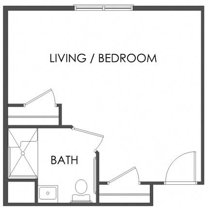 Floor plan of a studio apartment featuring a combined living and bedroom area with an adjoining bathroom.