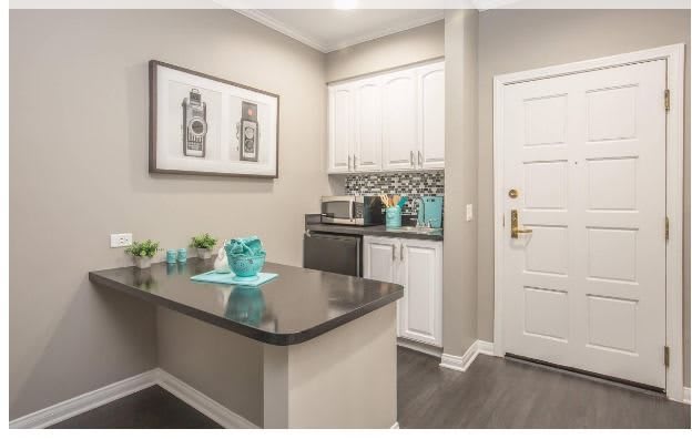 A modern kitchen space with sleek cabinetry and stylish decor.