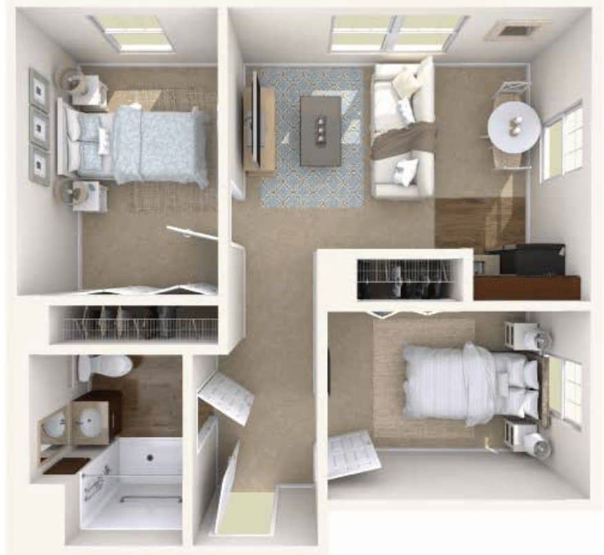 A two-bedroom apartment floor plan with a kitchen, living room, and bathroom.