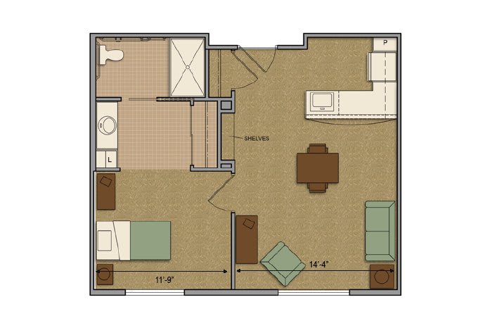 A two-bedroom apartment floor plan showing furniture placement in each room.