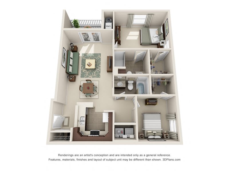 3D floor plan of a residential apartment showcasing room layout and interior design.