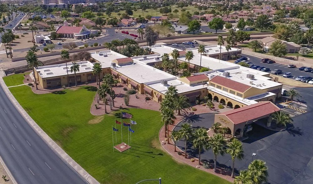 Aerial view of a suburban area with palm trees and large buildings.