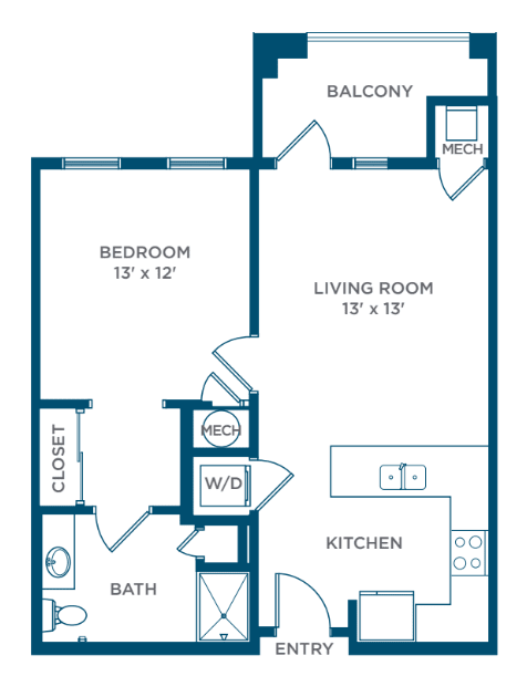 One-bedroom apartment floor plan with living room, kitchen, bathroom, and balcony.