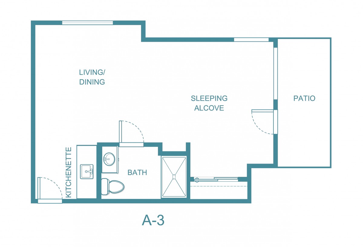Studio apartment floor plan with living/dining area, sleeping alcove, kitchenette, and bathroom.