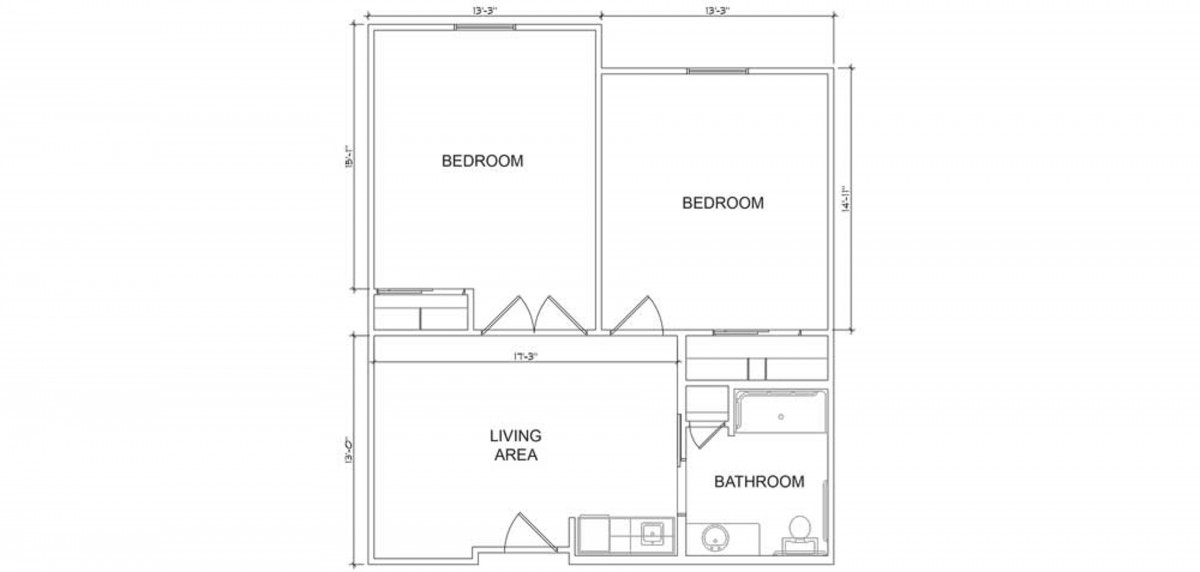 A floor plan showing a two-bedroom apartment layout with a living area and bathroom.